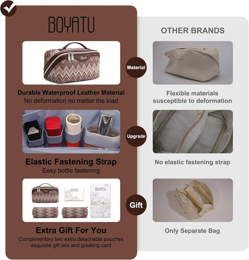 BOYATU Travel Makeup Bag for Women: Western Boho Make up Bag Set of 3 - Large Capacity Vegan Leather Cosmetic Bag - Waterproof Toiletry Bag with Compartments & Handle & Divider(J-2-Brown) - Image 3